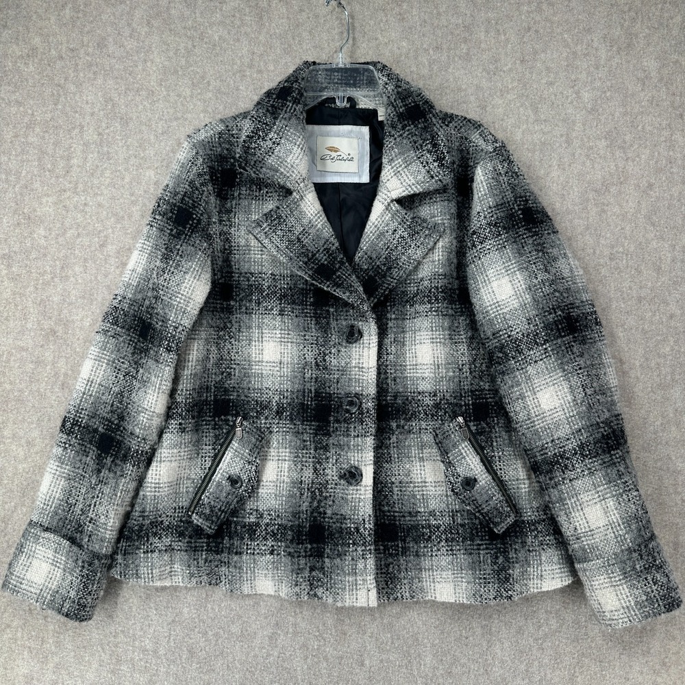Bob Timberlake Womens Wool Blend Plaid Peacoat‎ Jacket XL Black White